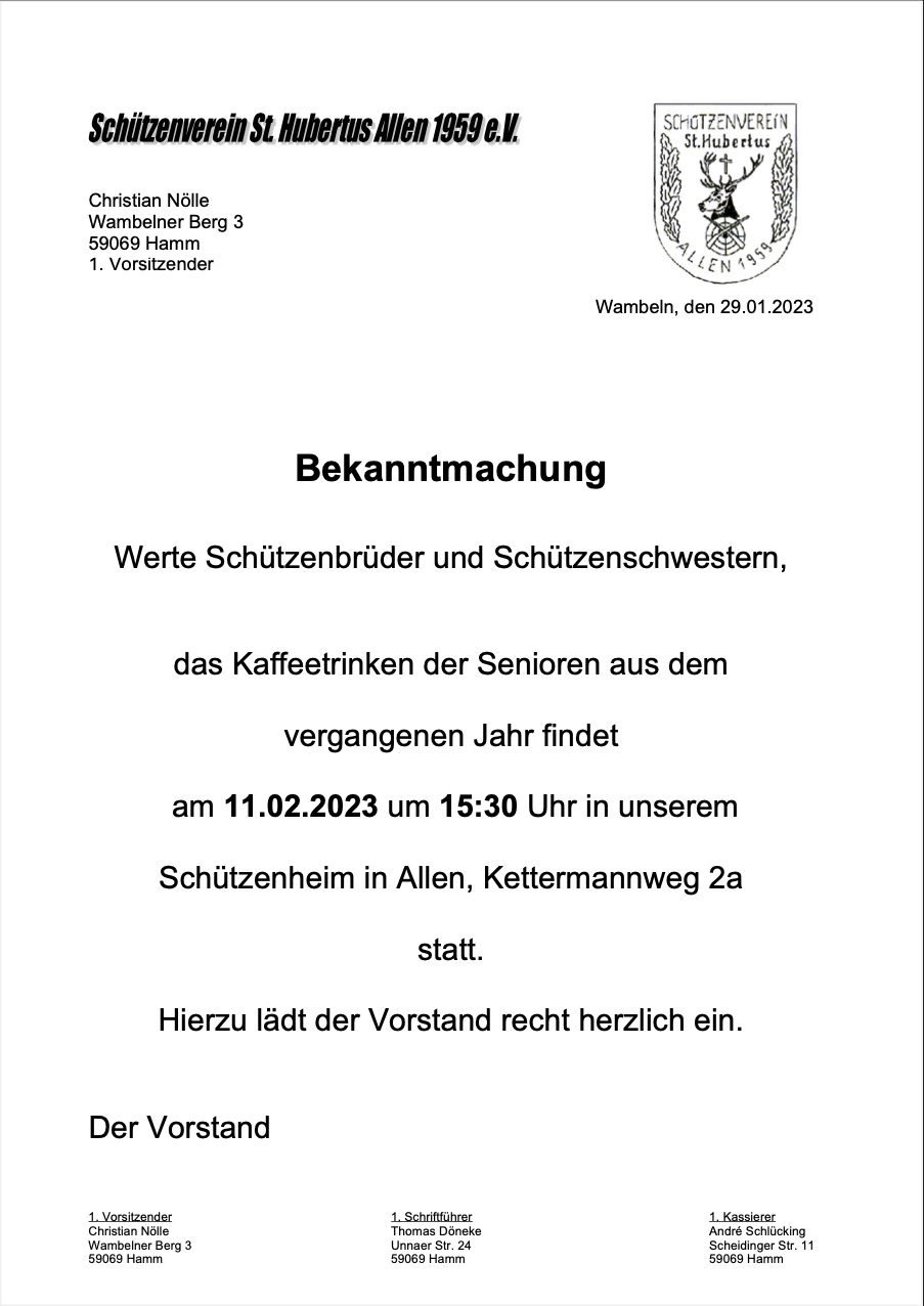 Aushang Seniorenkaffee am 11.02.2023 um 15:30 im Schützenheim Allen, Kettermannweg 2a